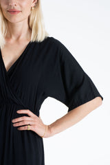 Viscose V Neck Short Sleeve Midi Dress - Black