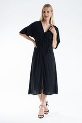 Viscose V Neck Short Sleeve Midi Dress - Black