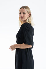 Viscose V Neck Short Sleeve Midi Dress - Black