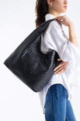 Woven Pu Leather  Slouchy Tote Bag - Black