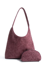 Woven Suede Slouchy Tote Bag with Matching Zipper Pouch 2PCS Set - Burgundy