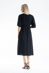 Viscose V Neck Short Sleeve Midi Dress - Black