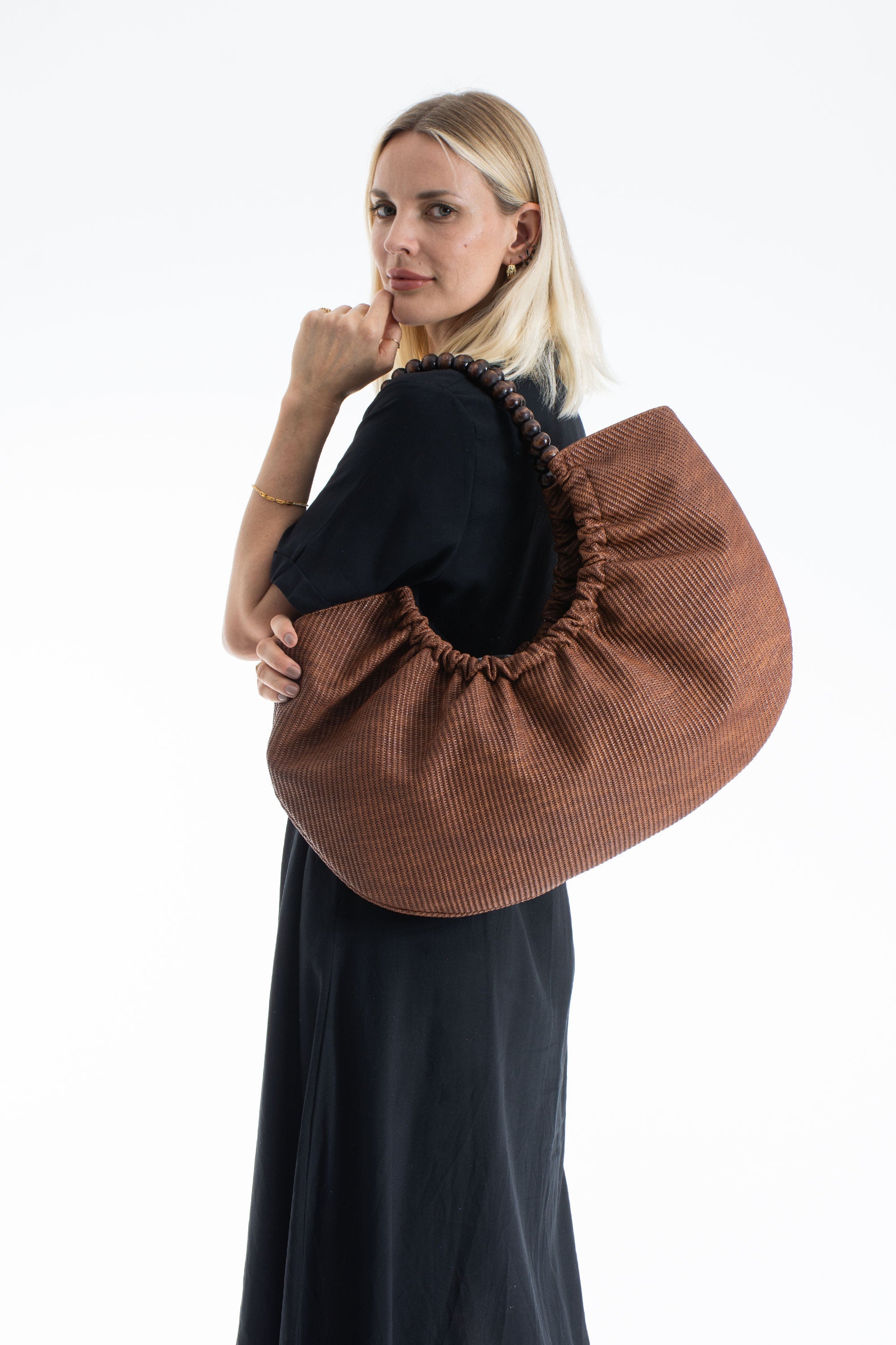 Woven PU Leather Slouchy Tote with Beaded Strap 2PCS Set - Brown