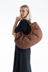 Woven PU Leather Slouchy Tote with Beaded Strap 2PCS Set - Brown