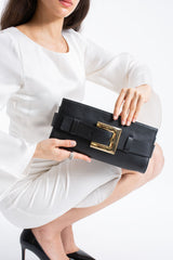PU Leather Shoulder & Clutch Bag with Large Gold Buckle - Black