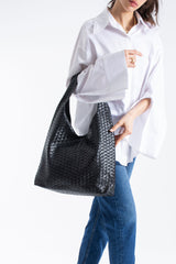 Woven Pu Leather  Slouchy Tote Bag - Black
