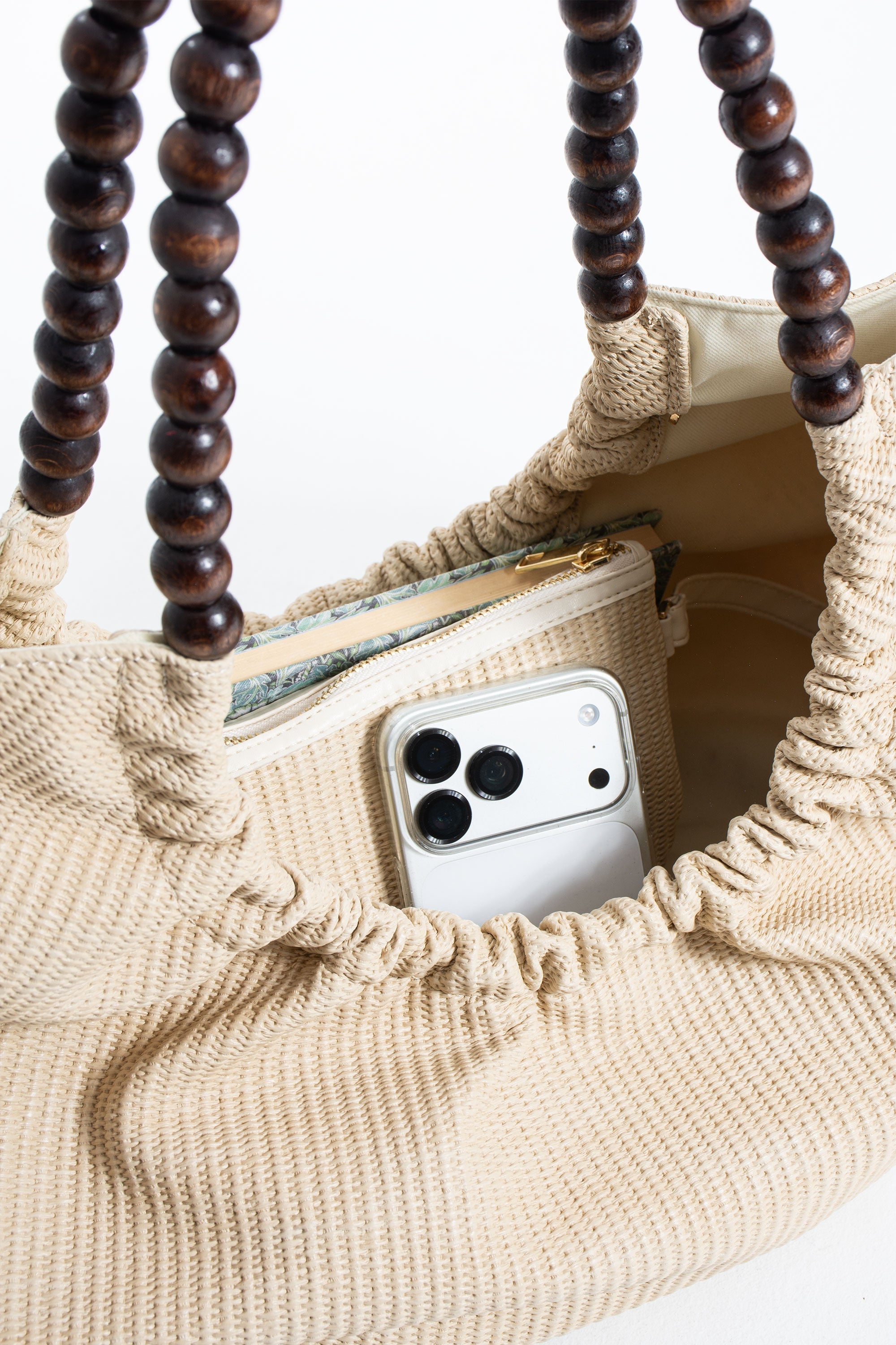 Woven PU Leather Slouchy Tote with Beaded Strap 2PCS Set - Cream