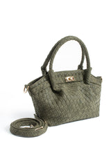 Woven Suede Top Handle Crossbody Bag with Twist Lock Detail - Khaki