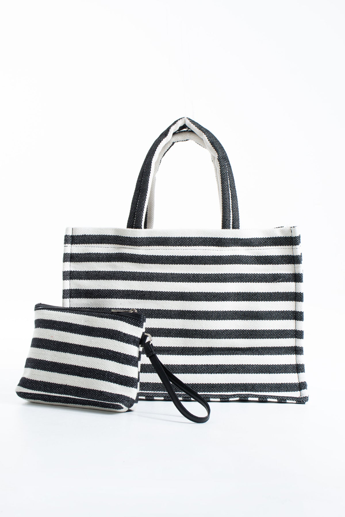 Striped Canvas Summer Tote Bag  with Matching Zipper Pouch 2 Pcs Set