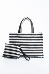 Striped Canvas Summer Tote Bag  with Matching Zipper Pouch 2 Pcs Set