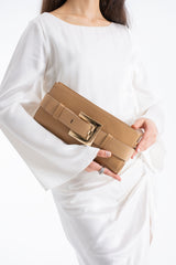 PU Leather Shoulder & Clutch Bag with Large Gold Buckle - Nude