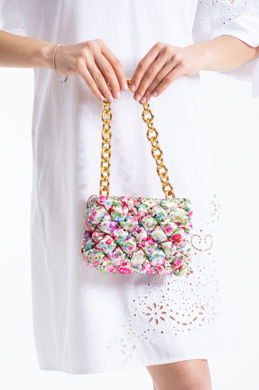 Floral Quilted Shoulder Grab  Bag with Gold Chain Strap - Multi