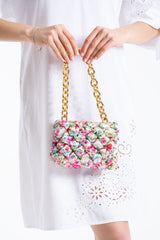 Floral Quilted Shoulder Grab  Bag with Gold Chain Strap - Multi