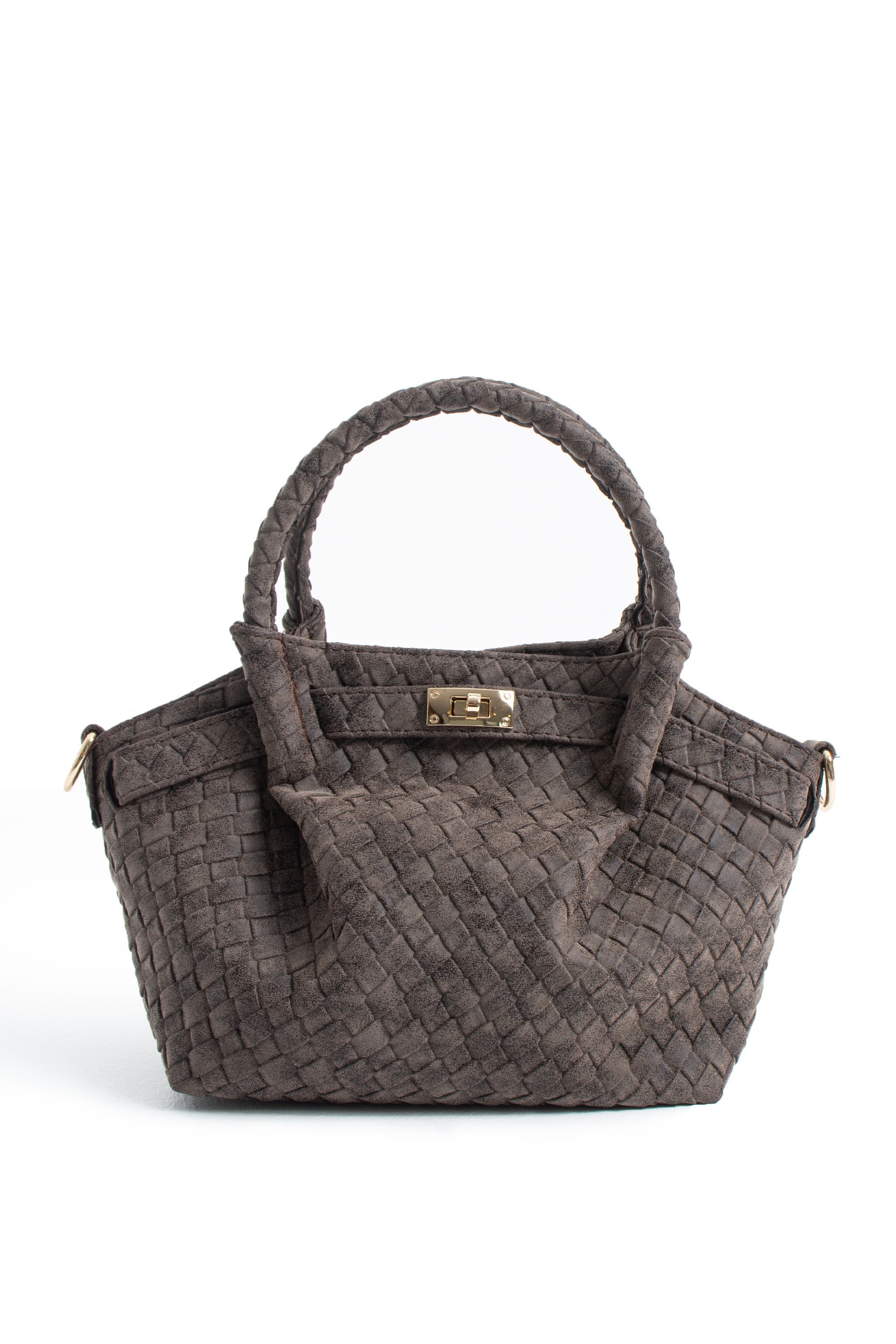 Woven Suede Top Handle Crossbody Bag with Twist Lock Detail - Brown