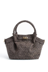 Woven Suede Top Handle Crossbody Bag with Twist Lock Detail - Brown