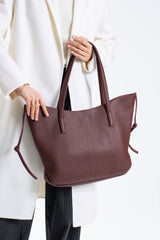 Grain Pu Leather Large Tote Bag with Matching Zipper Pouch  2PCS Set - Burgundy