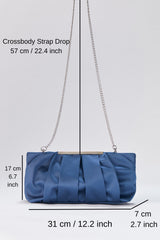 Pleated Satin Clutch Bag with Detachable Strap - Blue