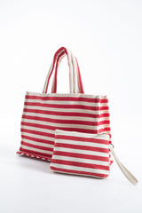 Striped Canvas Summer Tote Bag  with Matching Zipper Pouch 2 Pcs Set - Red