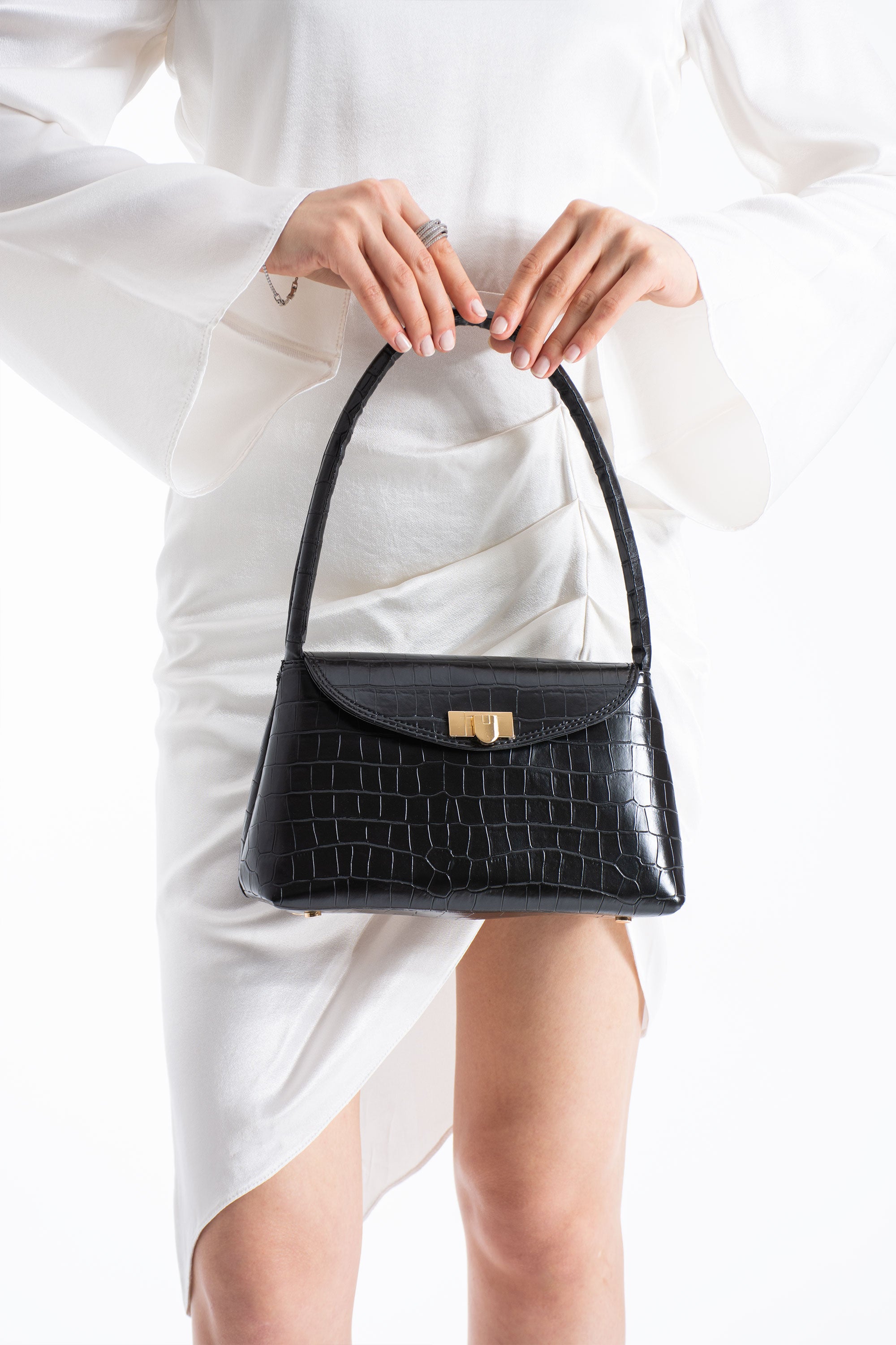 Croc Pu Flap Shoulder Bag - Black