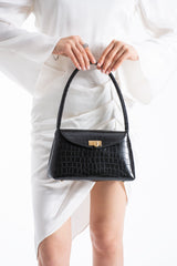 Croc Pu Flap Shoulder Bag - Black