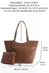 Textured  Pu Leather Tote Bag with Matching Zipper Pouch 2PCS Set - Brown