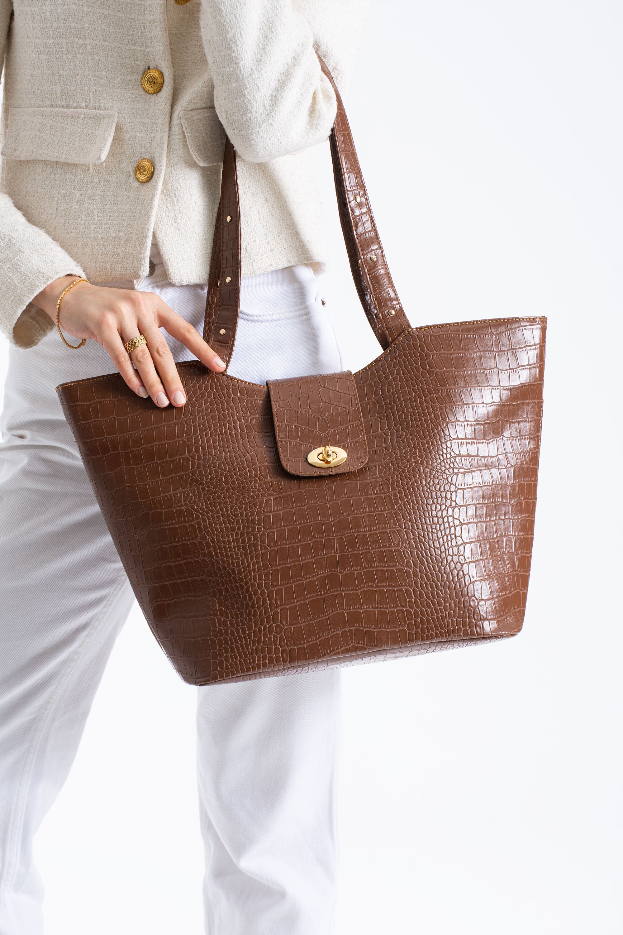 Texured Pu Leather Tote Bag with Matching Zipper Pouch 2PCS Set - Brown