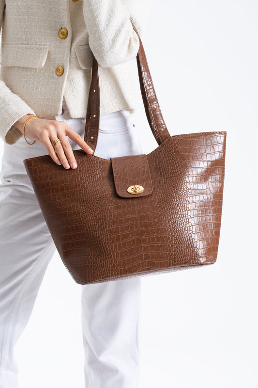 Texured Pu Leather Tote Bag with Matching Zipper Pouch 2PCS Set - Brown