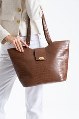 Texured Pu Leather Tote Bag with Matching Zipper Pouch 2PCS Set - Brown