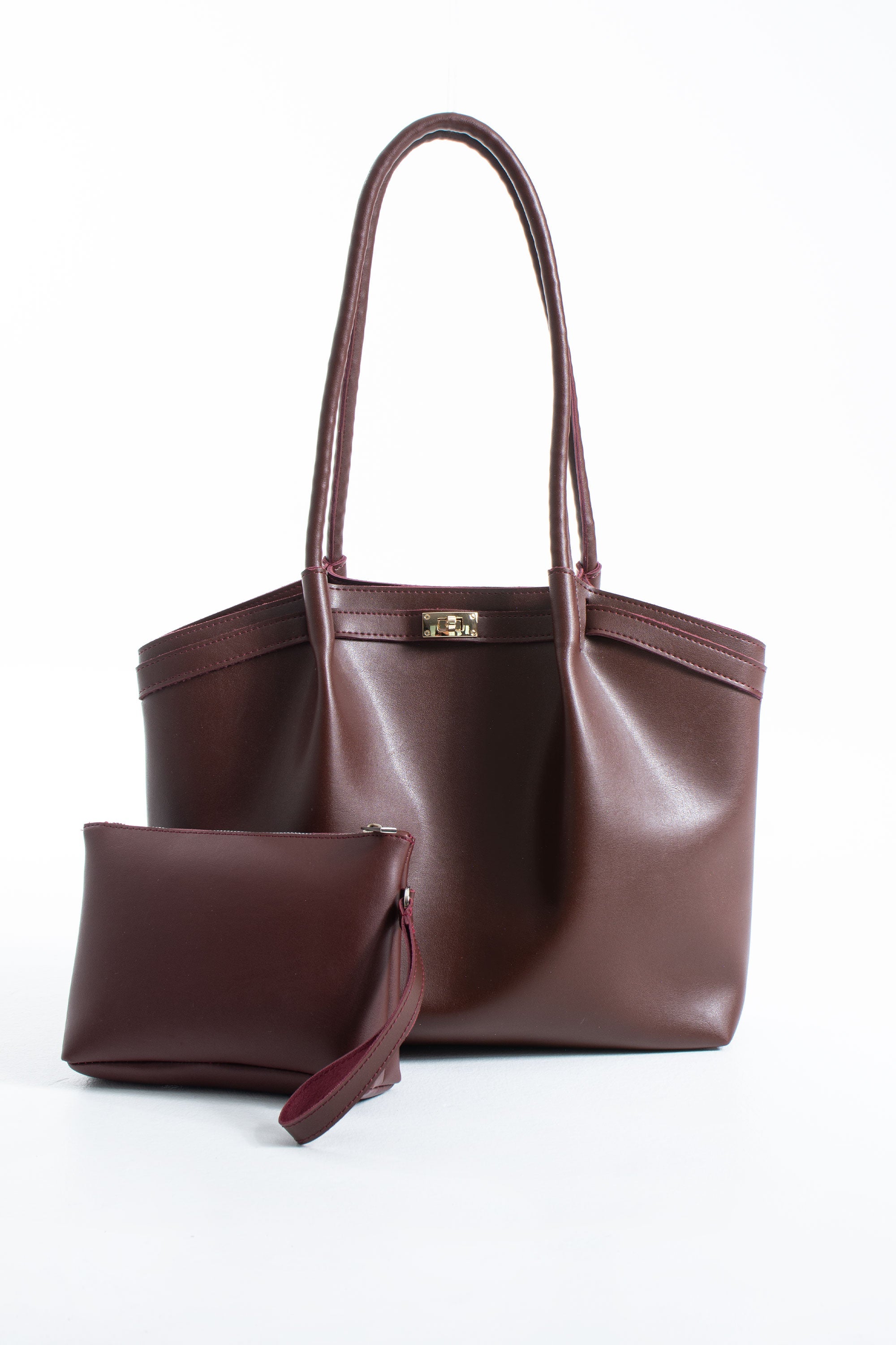 Large PU Leather Shopper Tote Bag with Matching Pouch - Burgundy