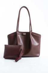 Large PU Leather Shopper Tote Bag with Matching Pouch - Burgundy