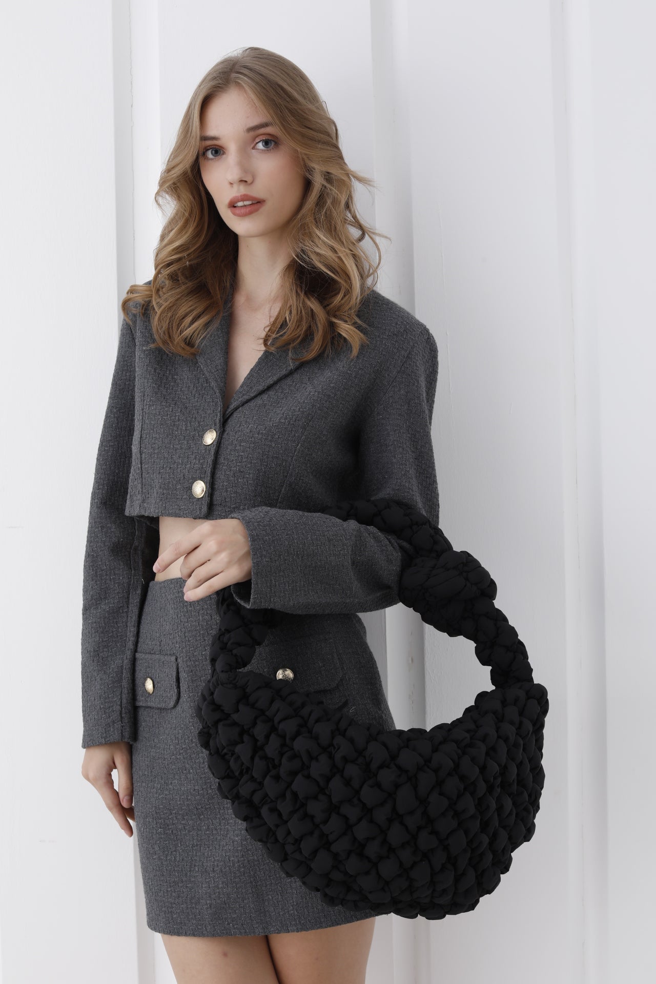 Puffy Quilted Lightweight Large Shoulder Bag - Black