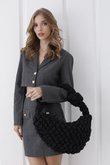 Puffy Quilted Lightweight Large Shoulder Bag - Black