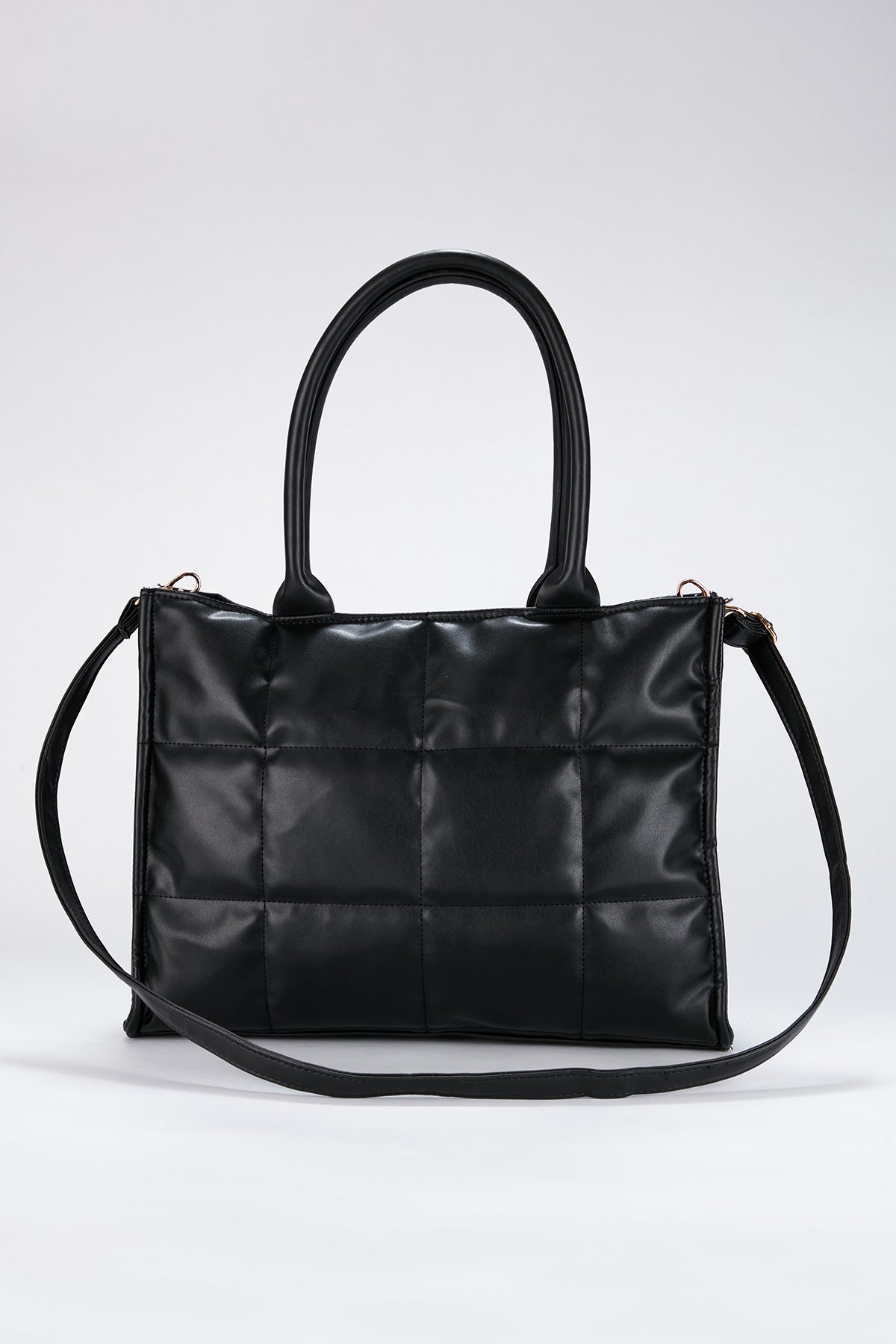 Quilted Pu Leather Tote Bag with Detachable Strap - Black