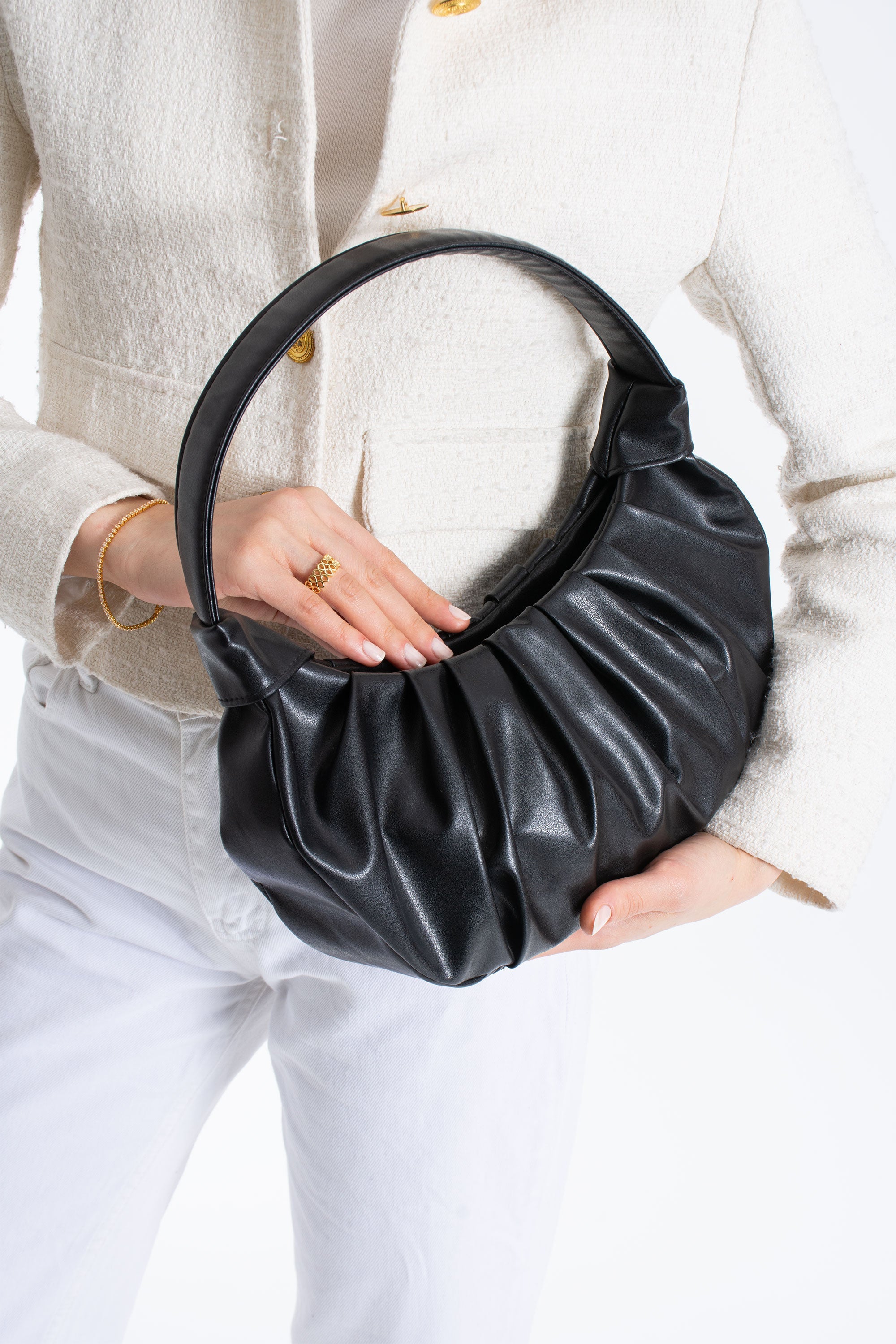 Pleated Pu Leather Shoulder Bag - Black