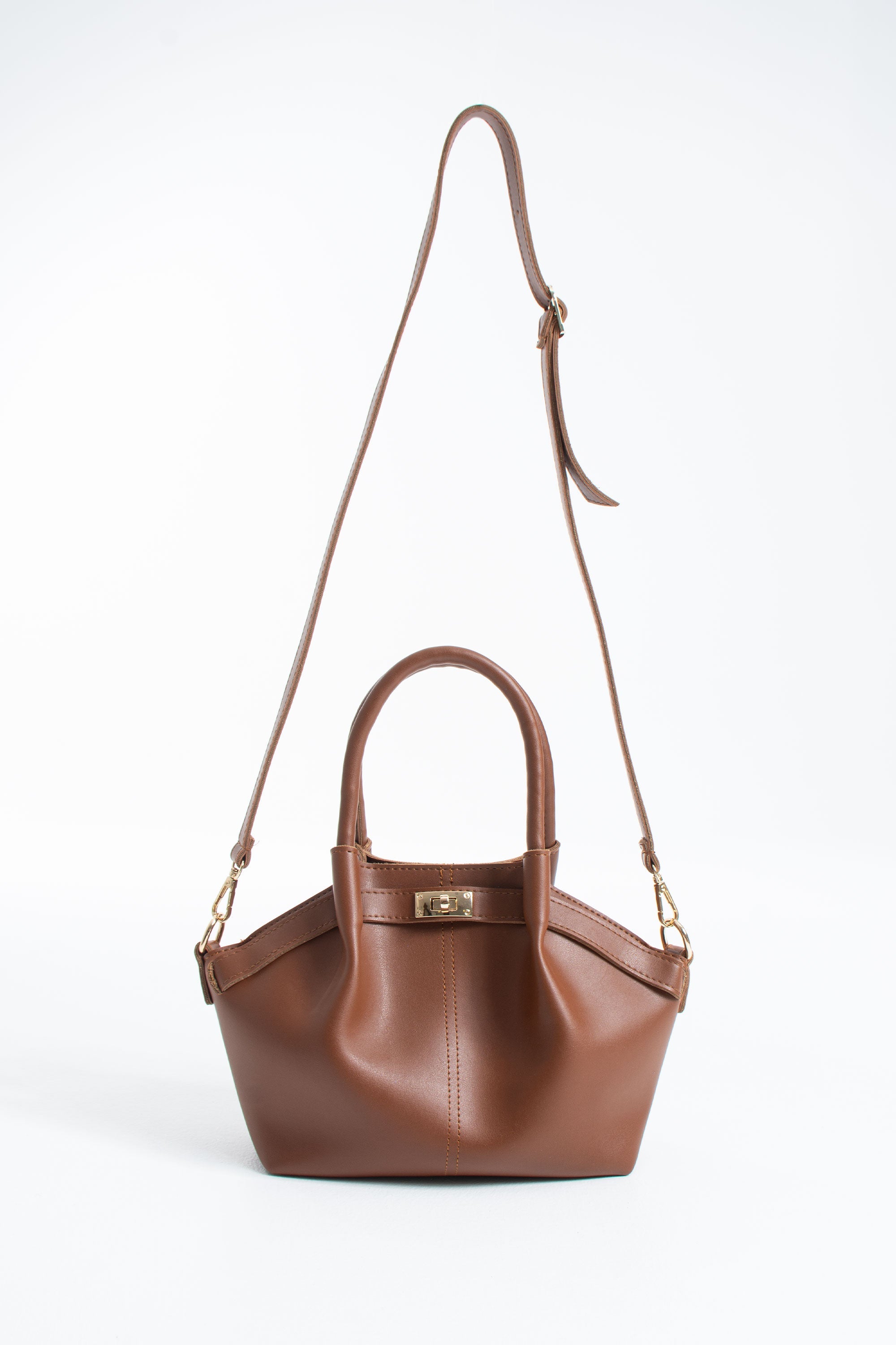 Pu Leather Top Handle Crossbody Bag with Twist Lock Detail - Tan