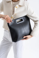 Handle Detail Pu Leather Large Handbag with Detachable Strap - Black