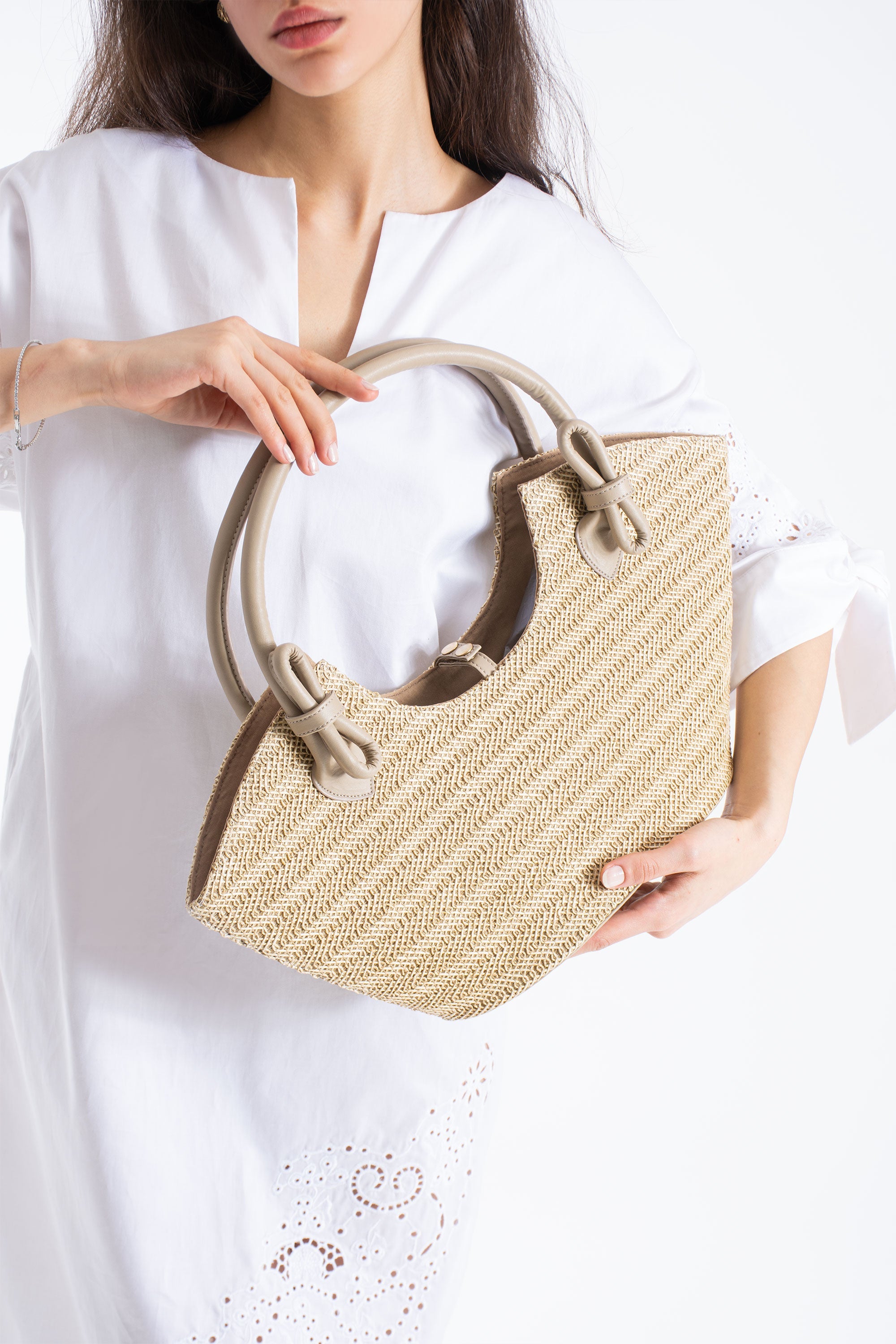 Woven Straw Tote Bag - Light Beige