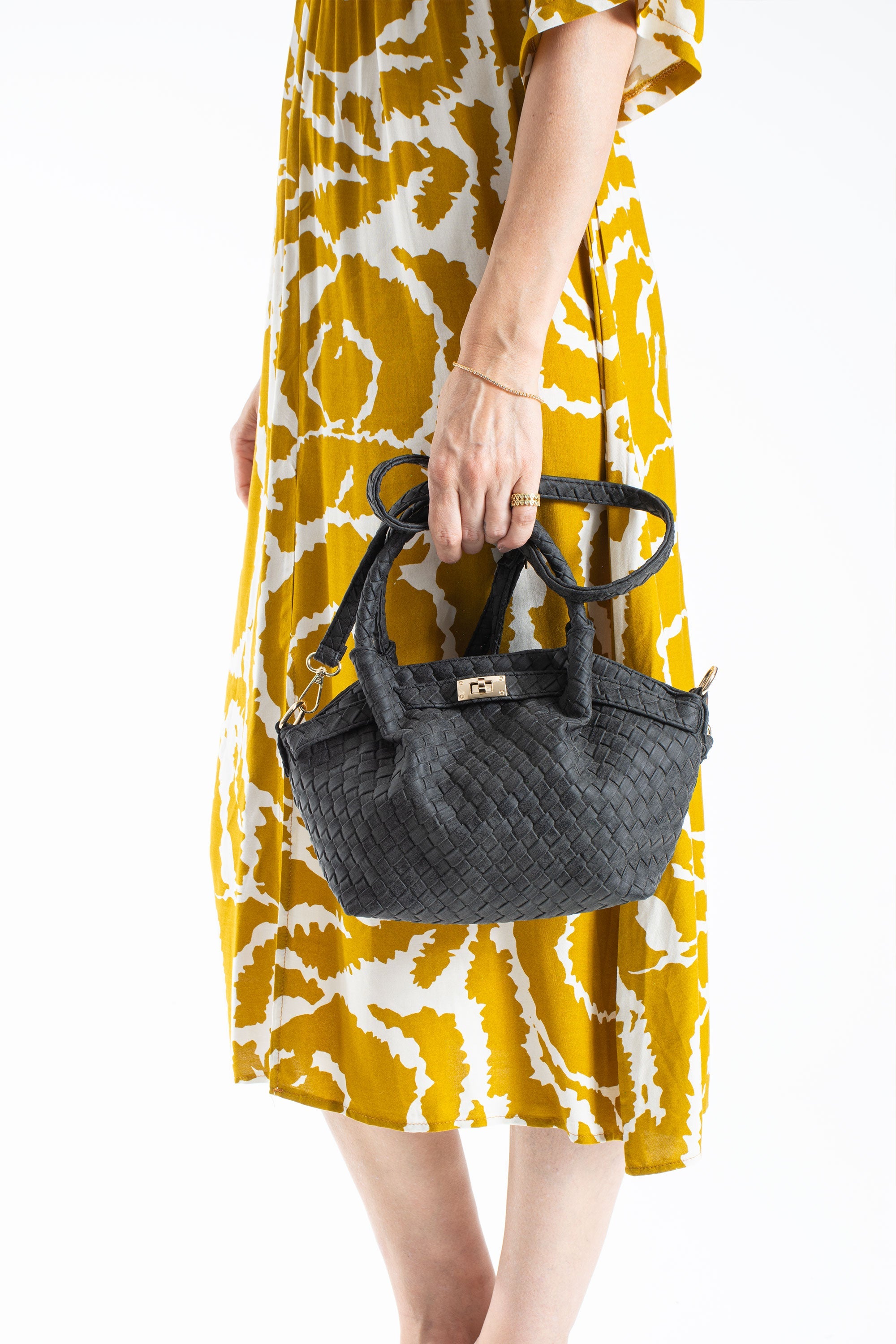 Woven Suede Top Handle Crossbody Bag with Twist Lock Detail - Black