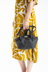 Woven Suede Top Handle Crossbody Bag with Twist Lock Detail - Black