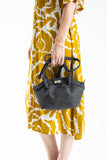 Woven Suede Top Handle Crossbody Bag with Twist Lock Detail - Black