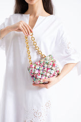 Floral Quilted Shoulder Grab  Bag with Gold Chain Strap - Multi