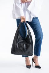 Woven Pu Leather  Slouchy Tote Bag - Black