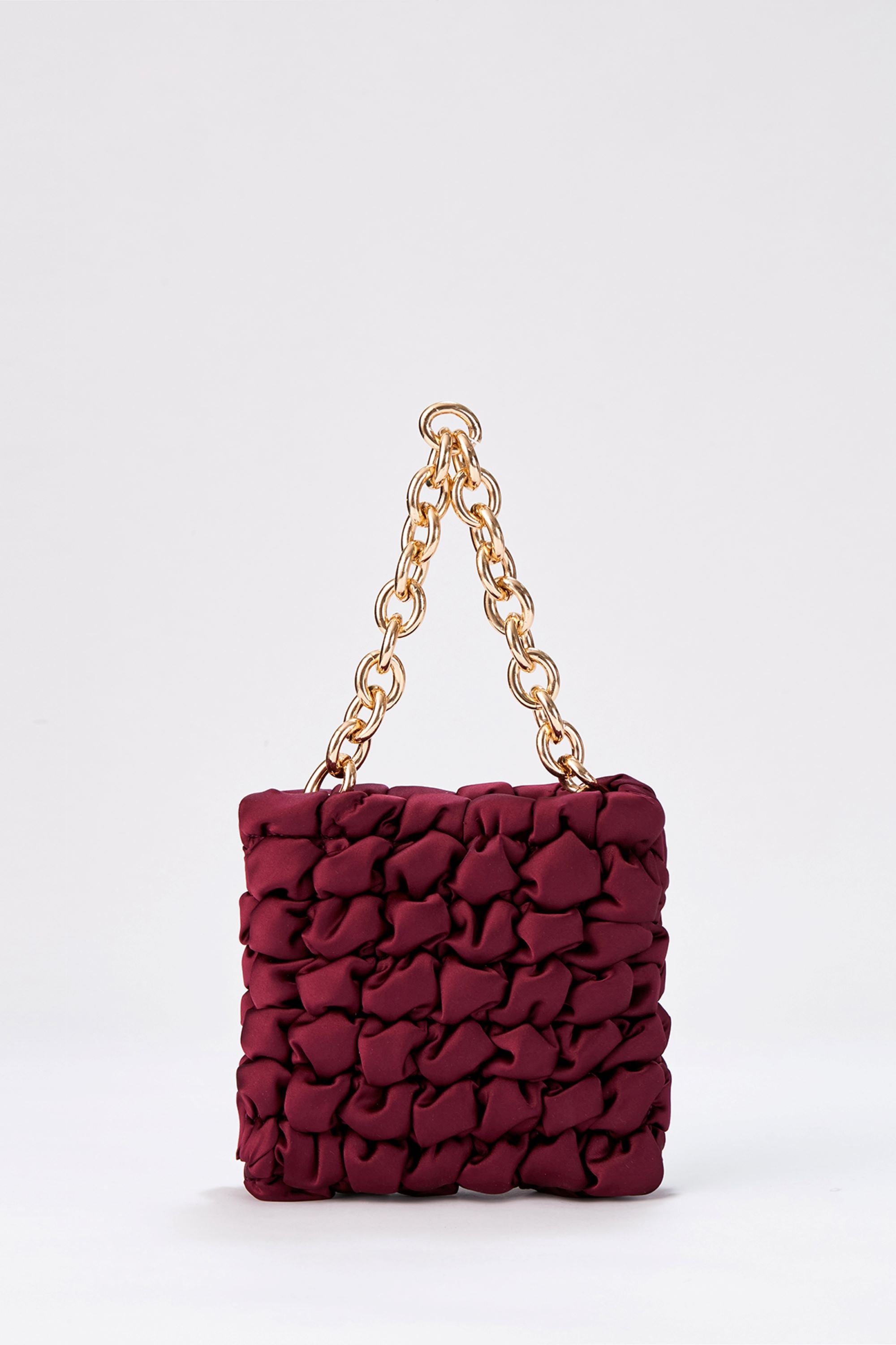 Quilted Satin Chunky Chain Handbag - Burgundy