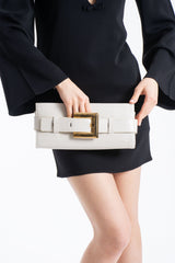 Croc PU Leather Shoulder & Clutch Bag with Large Gold Buckle - Cream