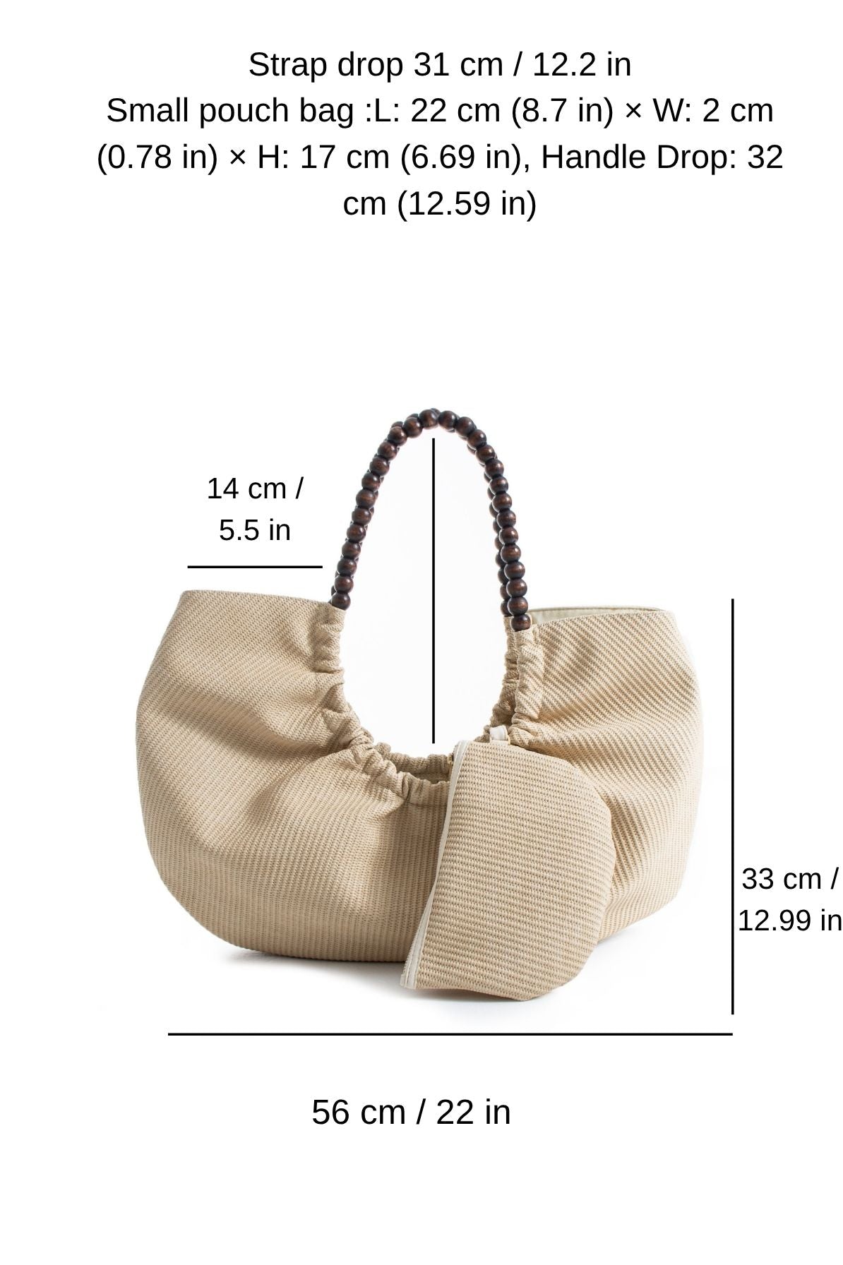 Woven PU Leather Slouchy Tote with Beaded Strap 2PCS Set - Cream