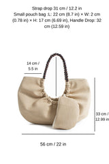 Woven PU Leather Slouchy Tote with Beaded Strap 2PCS Set - Cream