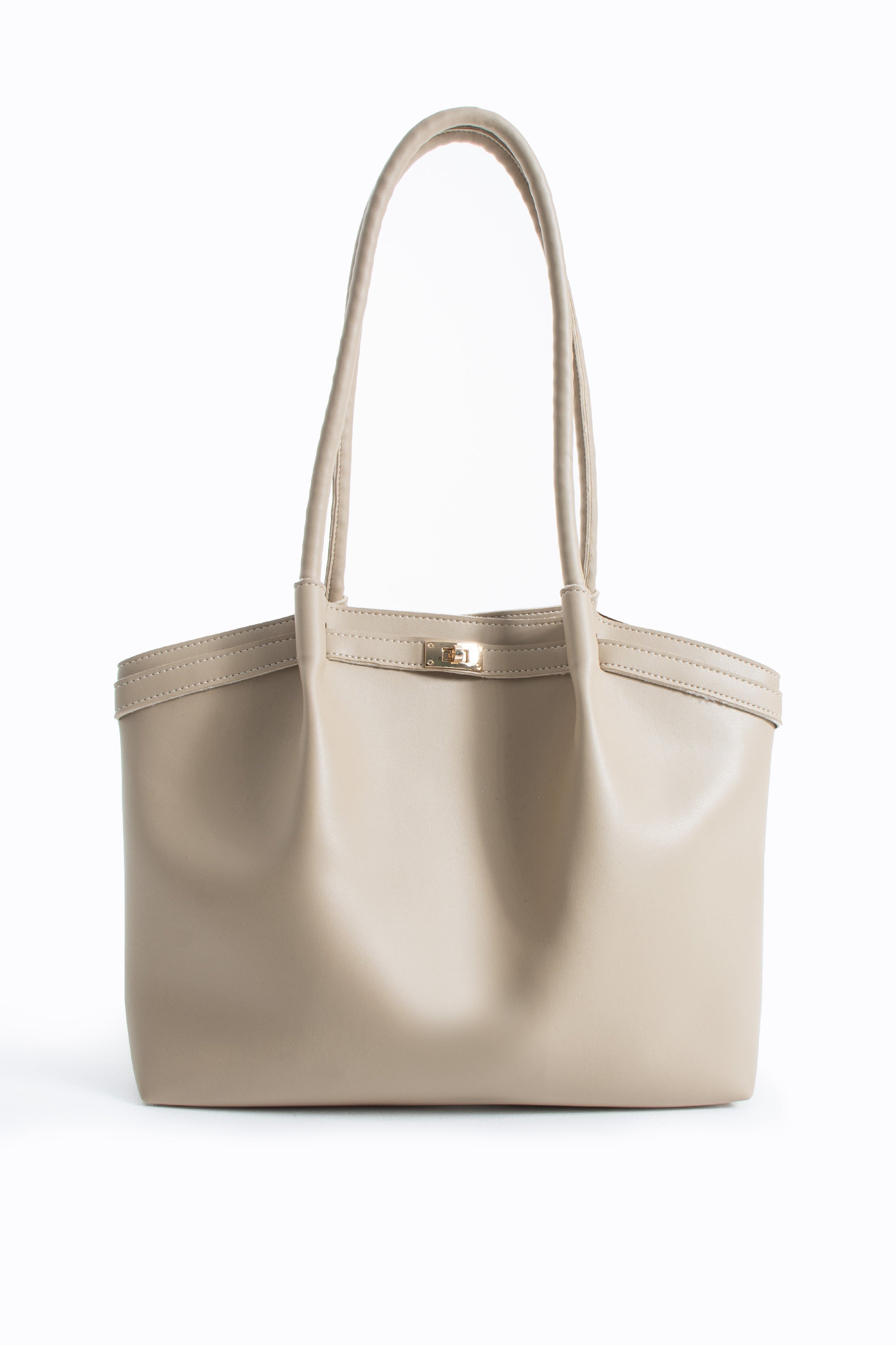 Large PU Leather Shopper Tote Bag with Matching Pouch - Beige