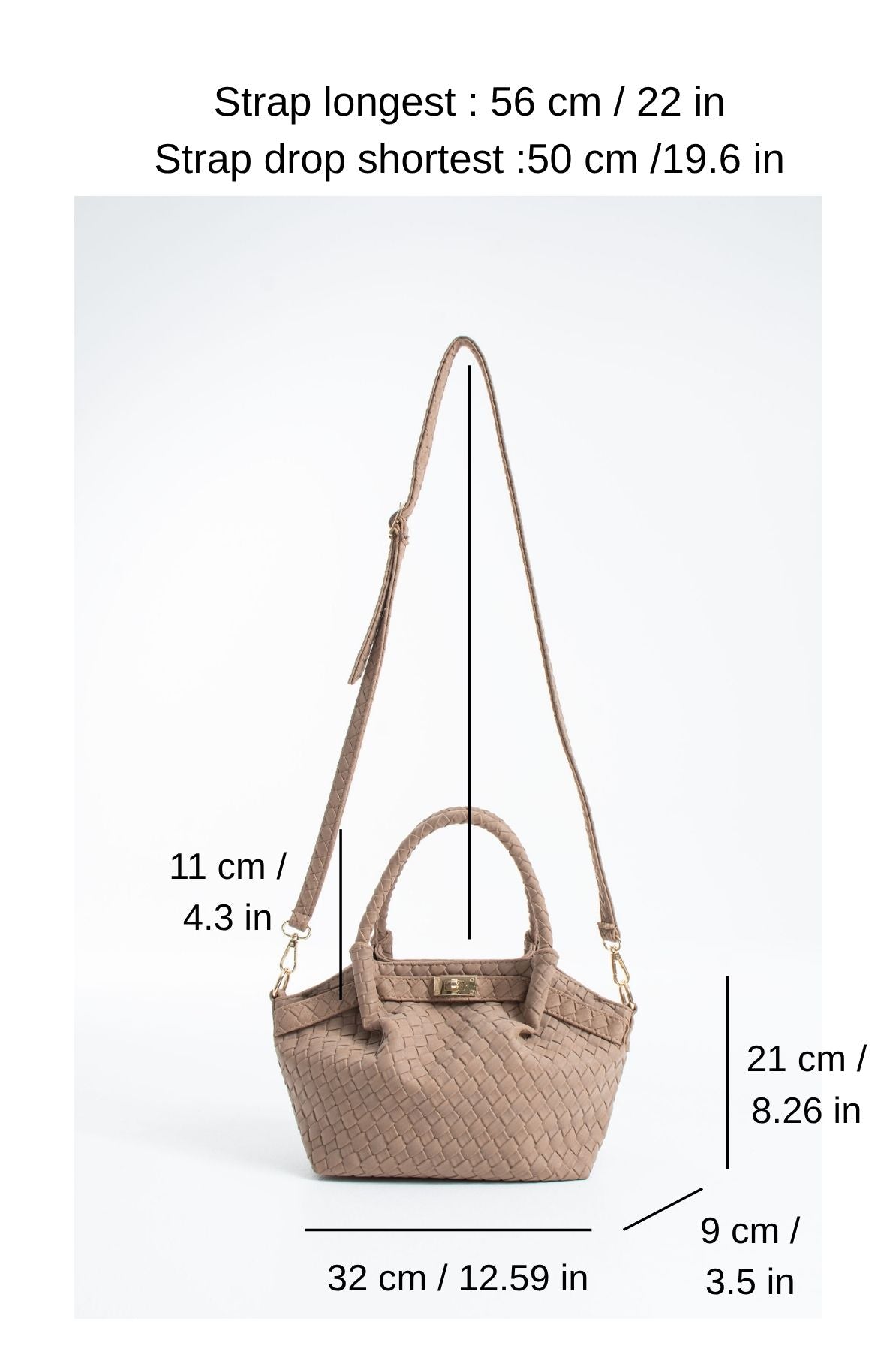 Woven Suede Top Handle Crossbody Bag with Twist Lock Detail - Beige