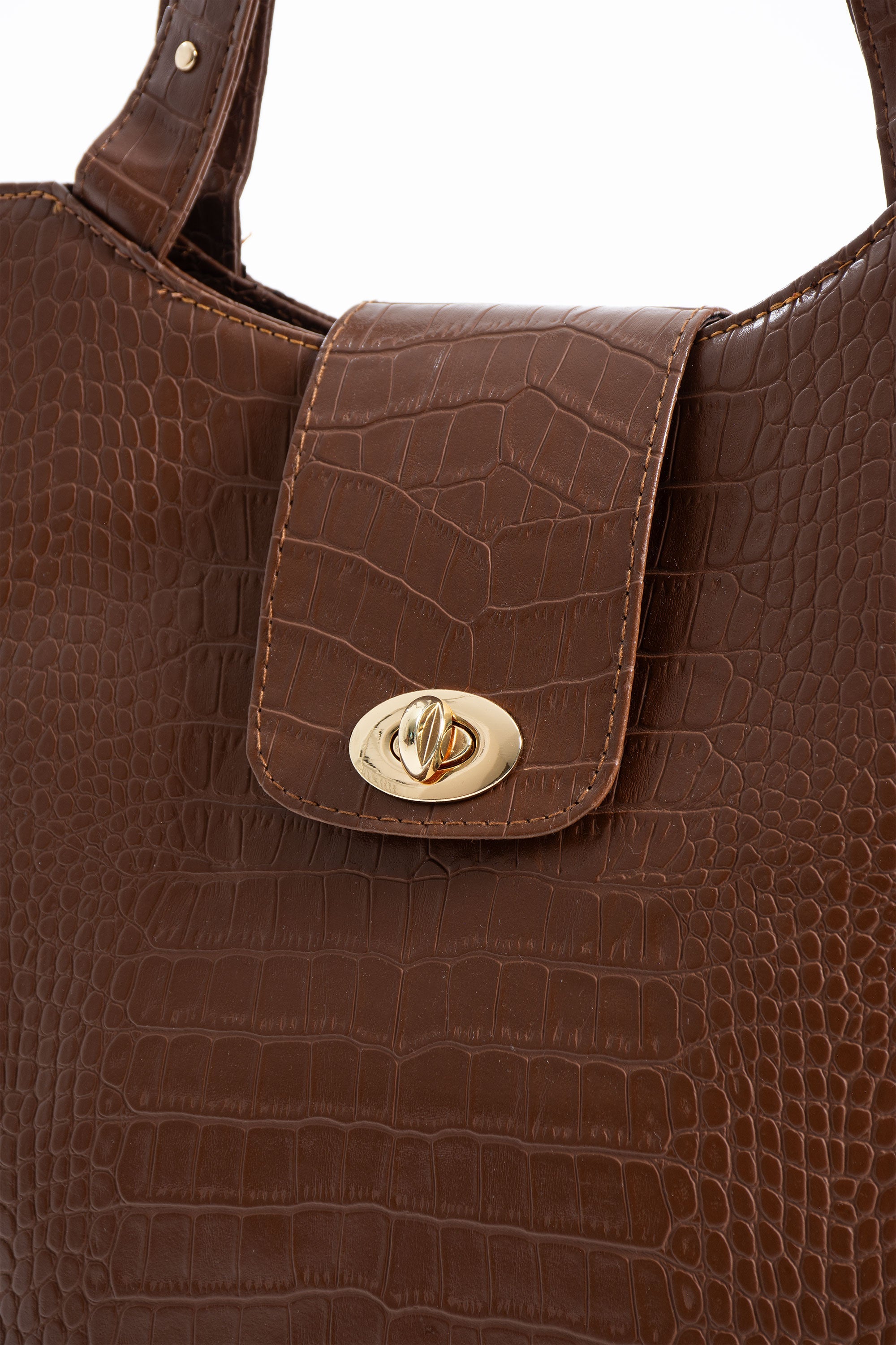 Texured Pu Leather Tote Bag with Matching Zipper Pouch 2PCS Set - Brown