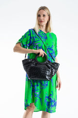 Textured Pu Leather Top Handle Tote Bag - Black